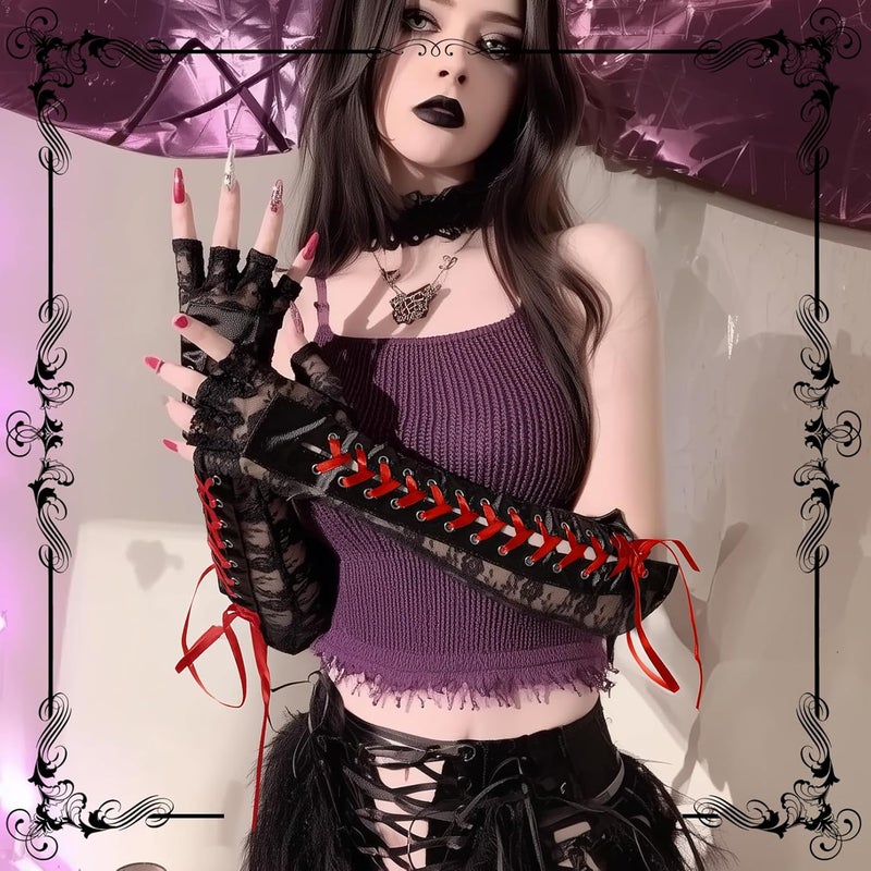 RainFlowwer Fingerless Gloves Steam Punk Goth Witch Long Elbow Arm Warmer Lace Sleeves for Costume Party Halloween Cosplay - Image 2